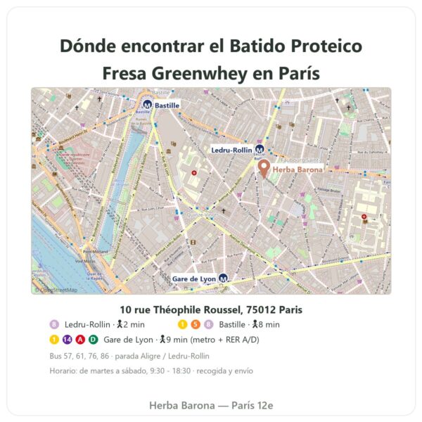 Dónde encontrarlo Batido Proteico Fresa Greenwhey 900 g - Herba Barona Paris