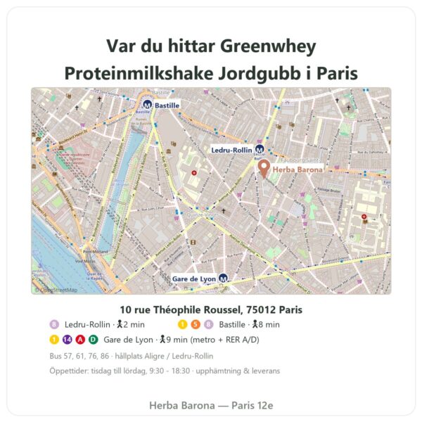 Var finns Greenwhey Proteinmilkshake Jordgubb 900 g - Herba Barona Paris