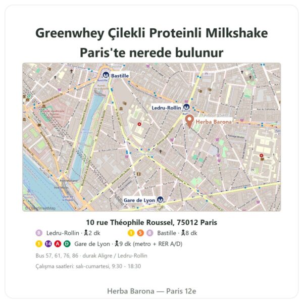 Nerede bulunur Greenwhey Çilekli Proteinli Milkshake 900 g - Herba Barona Paris