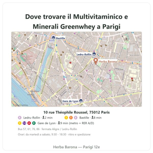 Dove trovarlo Multivitaminico e Minerali Greenwhey 120 capsule - Herba Barona Paris
