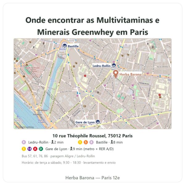 Onde encontrar Multivitaminas e Minerais Greenwhey 120 cápsulas - Herba Barona Paris