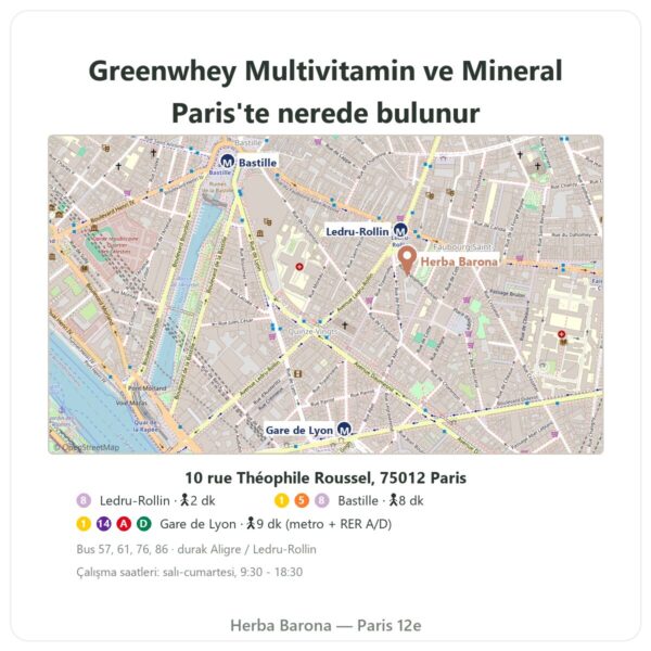 Nerede bulunur Greenwhey Multivitamin ve Mineral 120 Kapsül - Herba Barona Paris