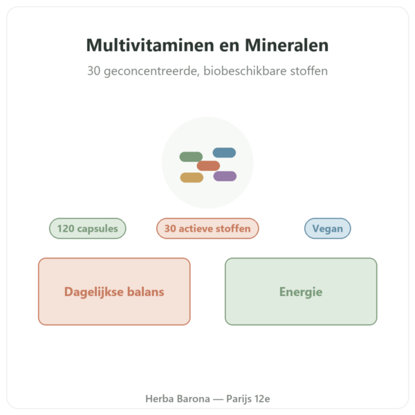 Multivitaminen en Mineralen Greenwhey 120 capsules presentatie Paris Herba Barona