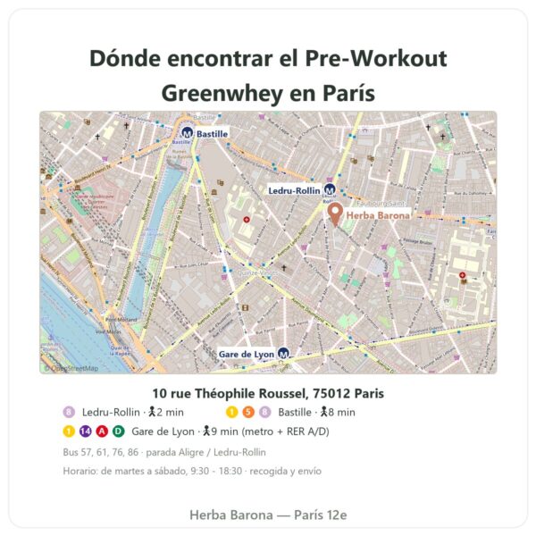 Dónde encontrarlo Pre-Workout Greenwhey Limón & Menta 300 g - Herba Barona Paris