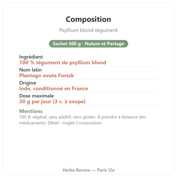 Psyllium blond tégument Nature et Partage 300 g composition Paris Herba Barona