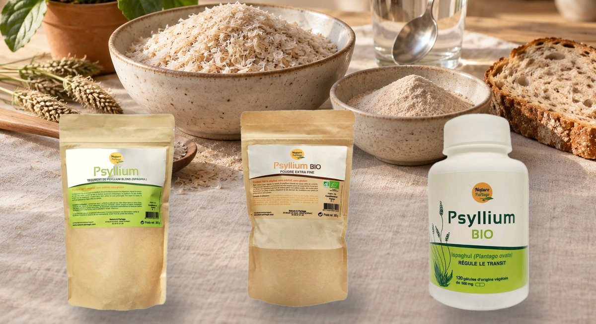 Psyllium blond tégument, poudre extra fine bio et gélules Nature et Partage, Herba Barona Paris 12e