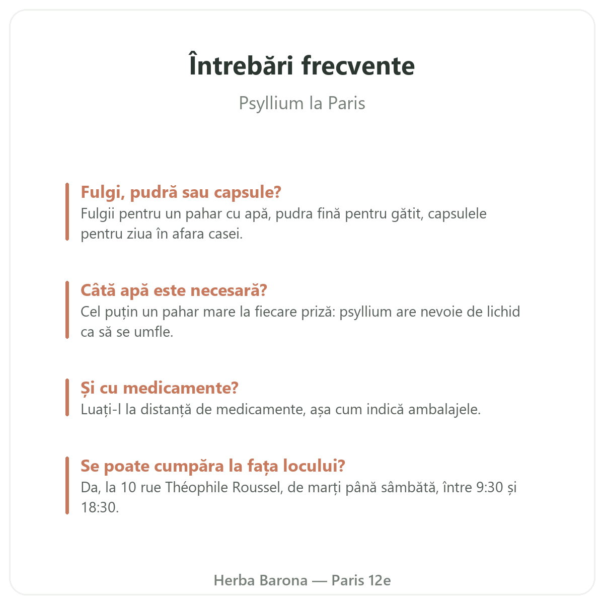 Psyllium la Paris: întrebări frecvente, Herba Barona Paris 12e
