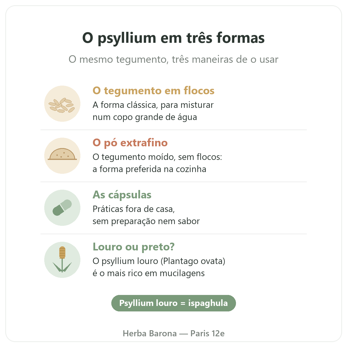 Psyllium em Paris: tegumento em flocos, pó extrafino e cápsulas, Herba Barona Paris 12e