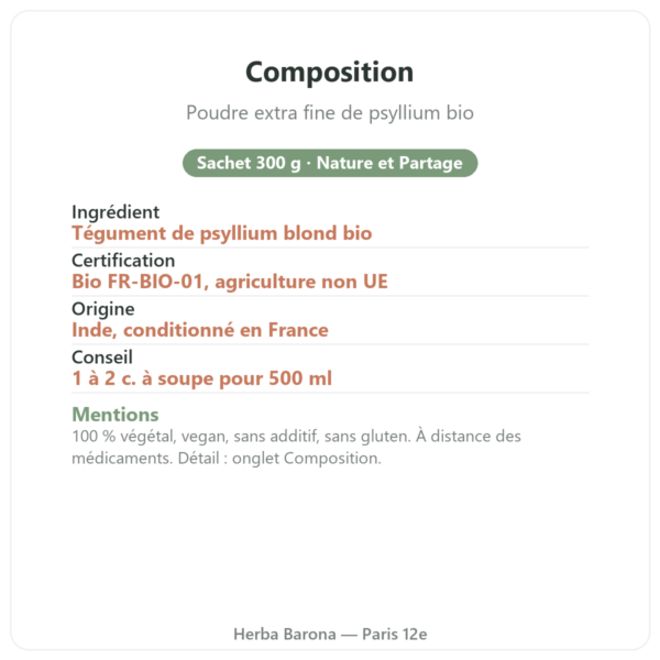 Poudre extra fine de psyllium bio Nature et Partage 300 g composition Paris Herba Barona