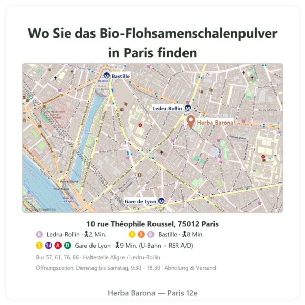 Wo finden Bio-Flohsamenschalenpulver extrafein 300 g – Nature et Partage - Herba Barona Paris