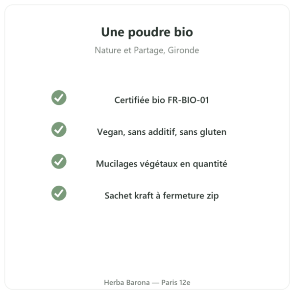 Poudre extra fine de psyllium bio Nature et Partage 300 g qualité Paris Herba Barona