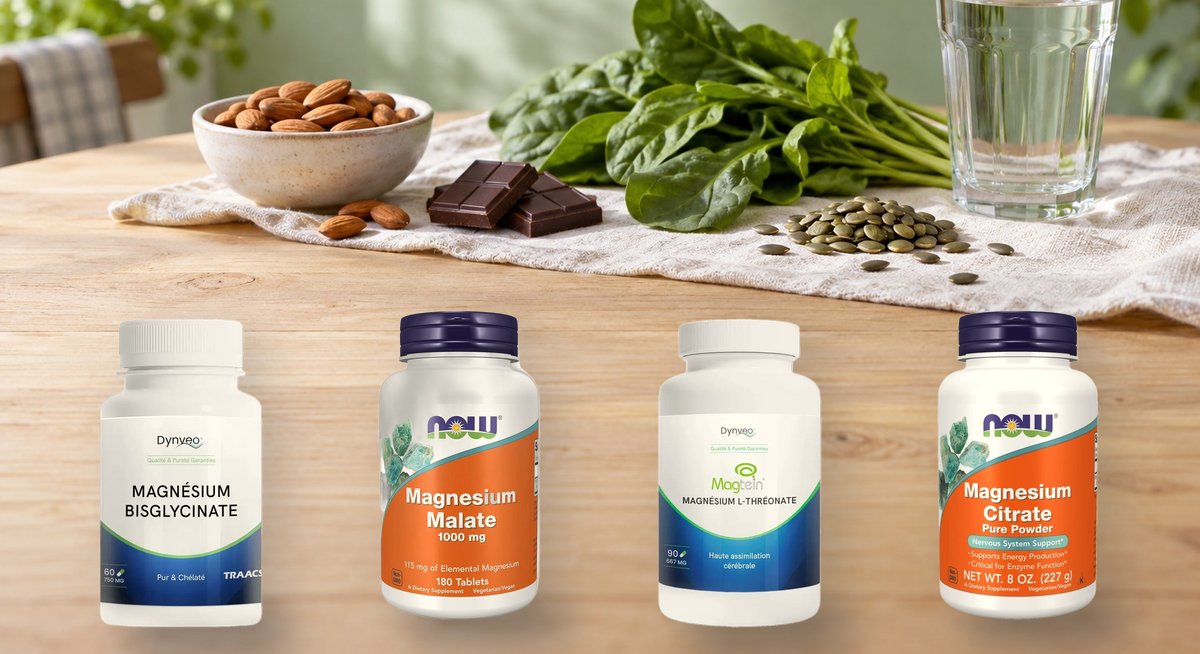 Magnésium bisglycinate et magnésium L-thréonate Magtein Dynveo, malate et citrate de magnésium Now Foods, Herba Barona Paris 12e