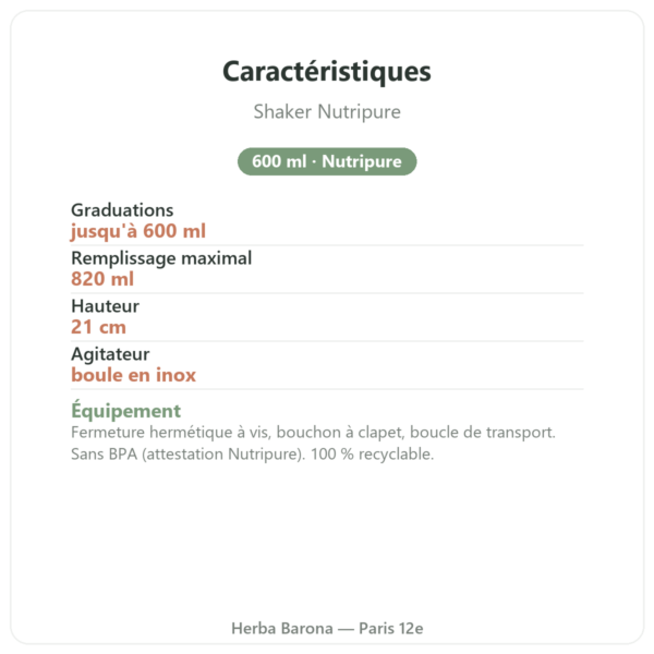 Shaker Nutripure 600 ml caractéristiques Paris Herba Barona