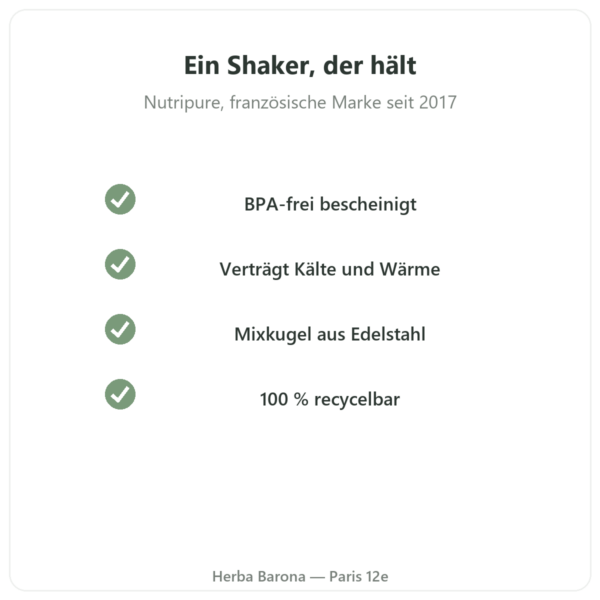 Nutripure Shaker 600 ml mit Edelstahlkugel Qualität Paris Herba Barona