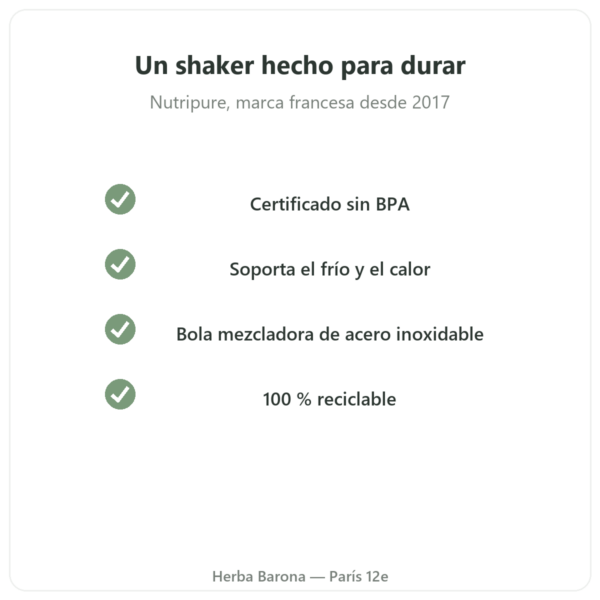 Shaker Nutripure 600 ml con bola de acero inoxidable calidad Paris Herba Barona