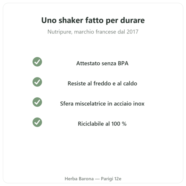 Shaker Nutripure 600 ml con sfera in acciaio inox qualità Paris Herba Barona