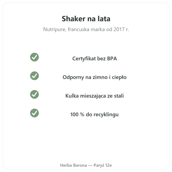 Shaker Nutripure 600 ml z kulką ze stali nierdzewnej jakość Paris Herba Barona