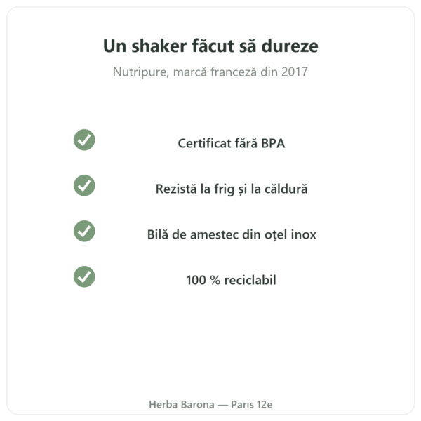 Shaker Nutripure 600 ml cu bilă din oțel inoxidabil calitate Paris Herba Barona
