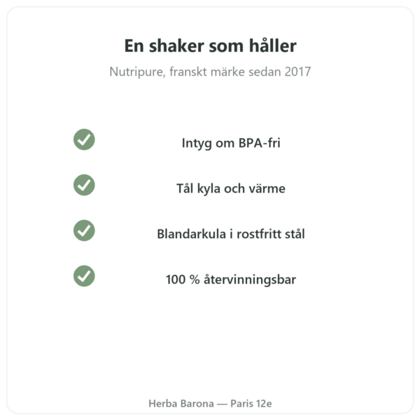 Nutripure Shaker 600 ml med kula i rostfritt stål kvalitet Paris Herba Barona