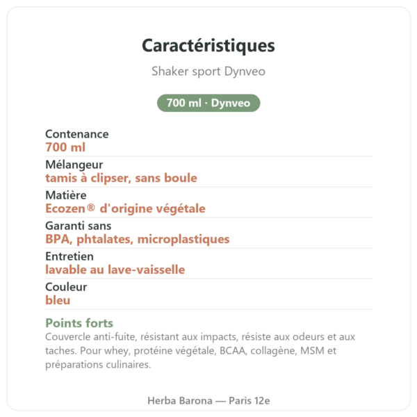 Shaker sport Dynveo 700 ml caractéristiques Paris Herba Barona