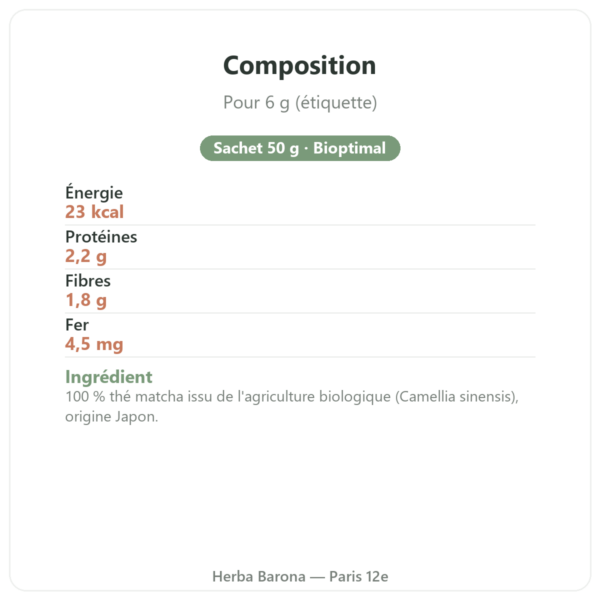 Thé Matcha bio Bioptimal 50 g composition valeurs nutritionnelles Paris Herba Barona