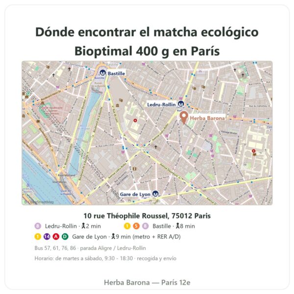 Dónde encontrar Té matcha japonés ecológico en polvo 400 g – Bioptimal - Herba Barona Paris
