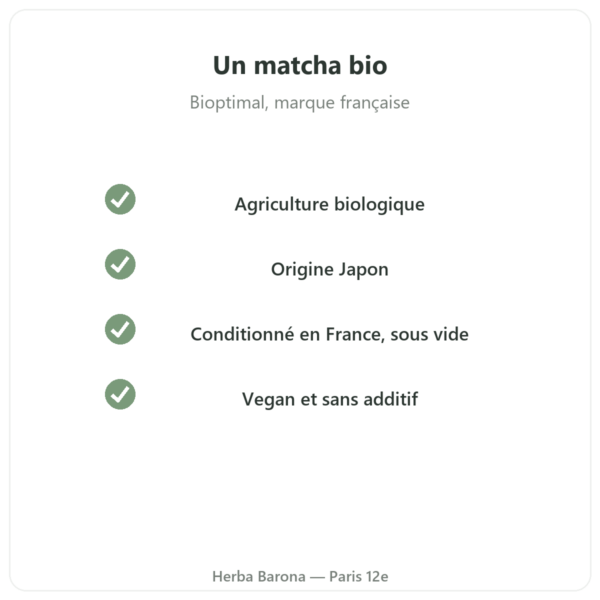 Thé Matcha bio Bioptimal 400 g qualité Paris Herba Barona