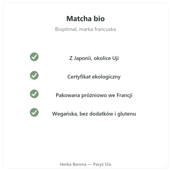 Ekologiczna japońska herbata matcha w proszku 150 g – Bioptimal jakość ekologiczna Paris Herba Barona
