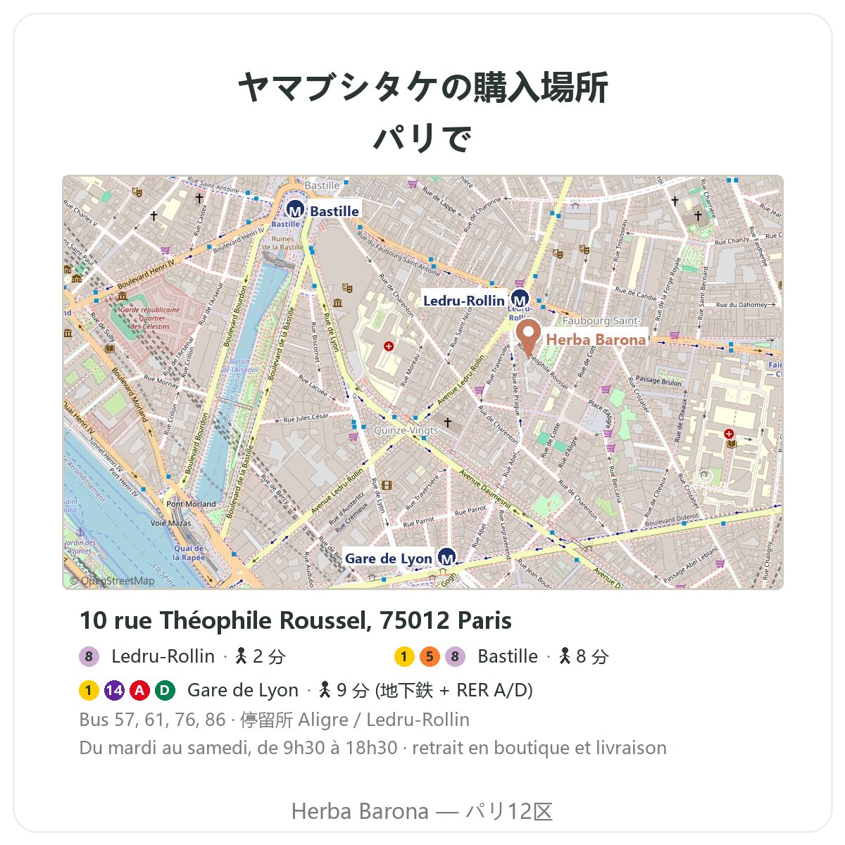 パリのヤマブシタケ:店舗地図 Herba Barona パリ12区