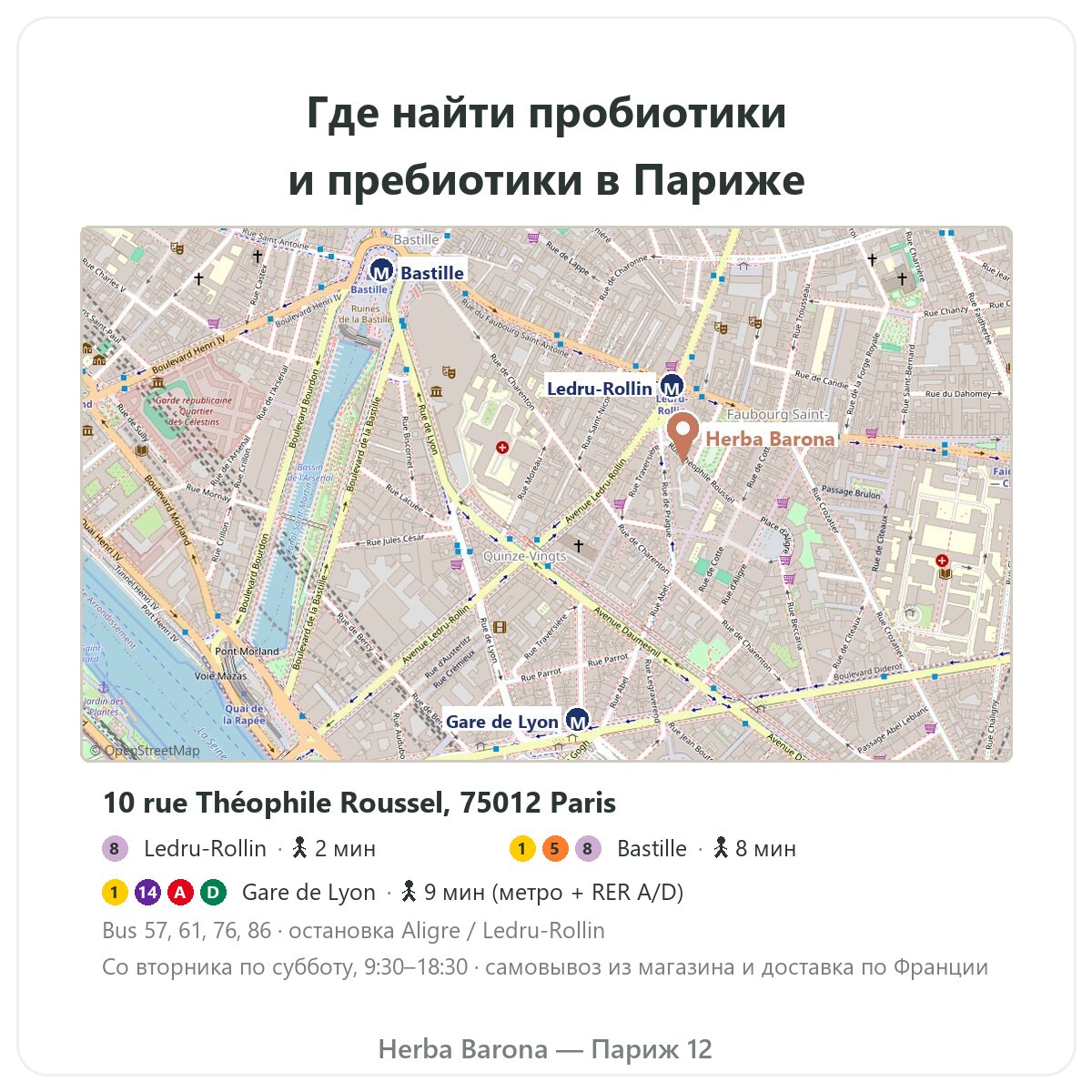 Пробиотики и пребиотики в Париже: план магазина Herba Barona, Париж, 12-й округ