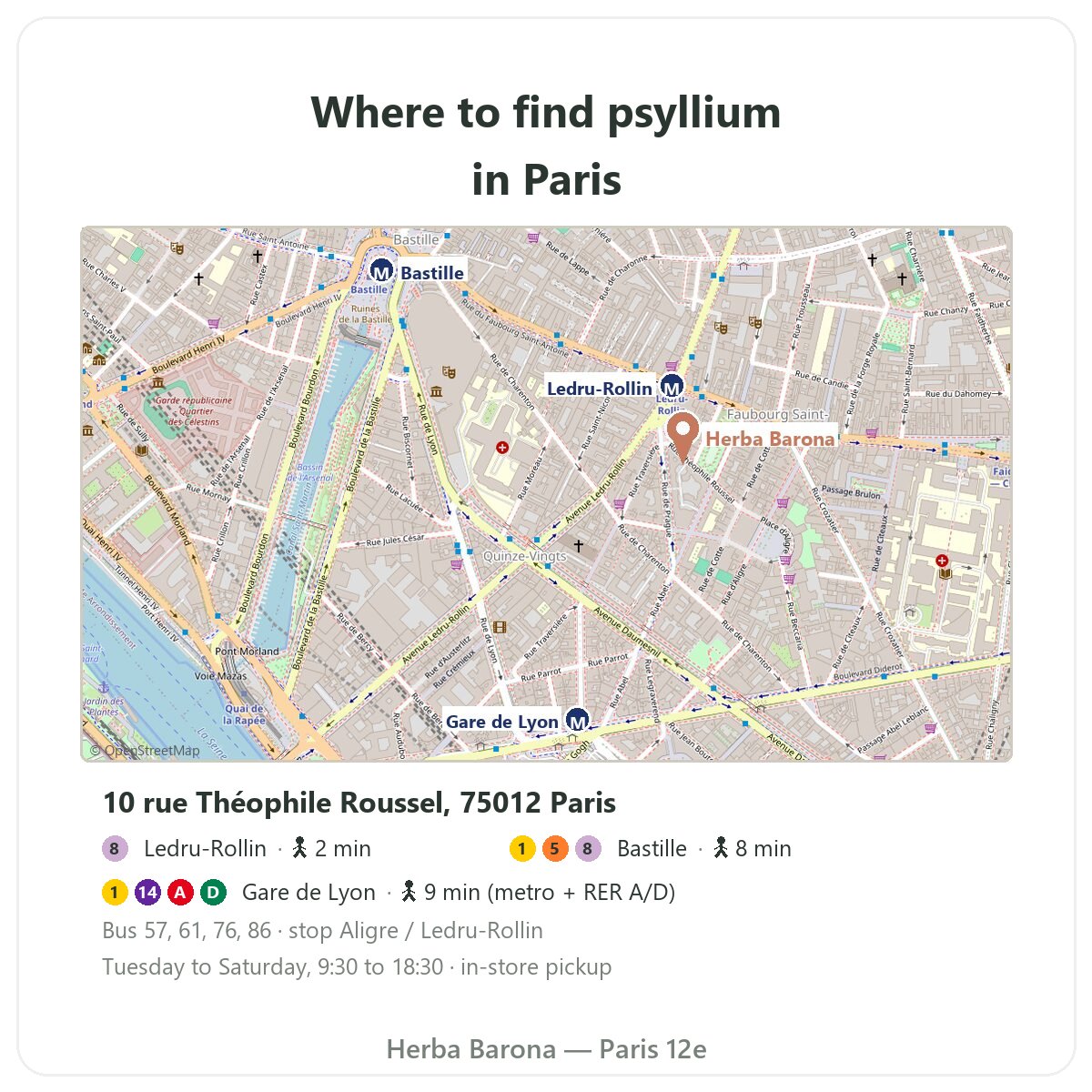 Psyllium in Paris: map of the Herba Barona shop in Paris 12e