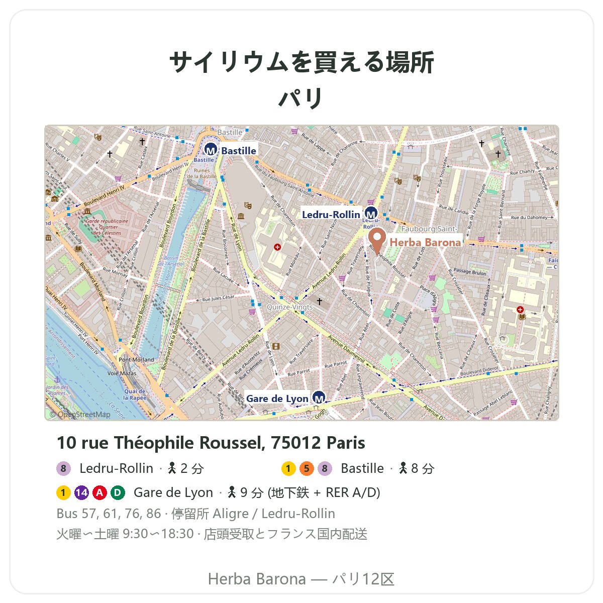 パリのサイリウム:Herba Barona 店舗の地図、パリ12区